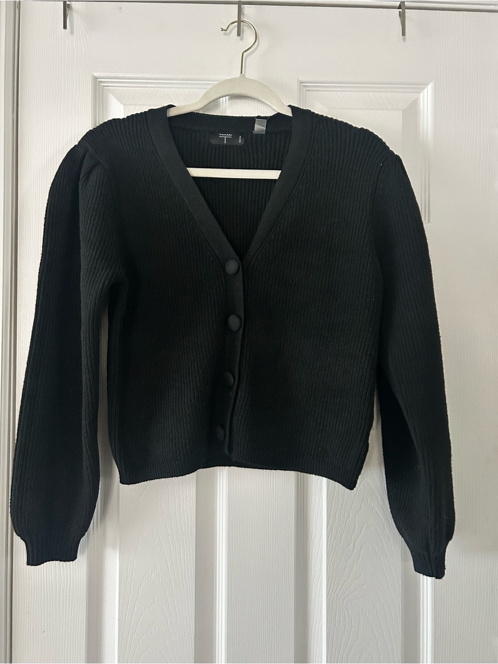 Tahari Black Ribbed V-Neck Button Cardigan